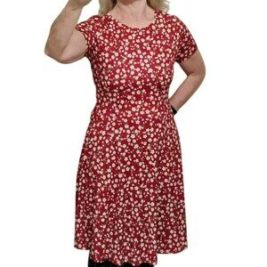 Red Floral Short Sleeve A-Line Dress, Size L, Lightweight, Daisy Flowers